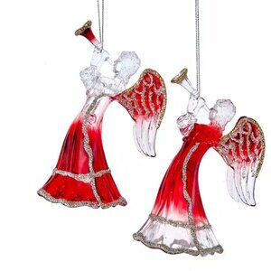 Angel Ornament Set 2 Red Silver Glitter Christmas Decor 4.5" Kurt Adler